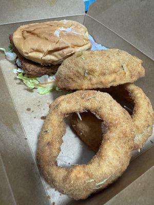 Buffalo tofu with onion rings  at Urban Vegan Kitchen in New York City