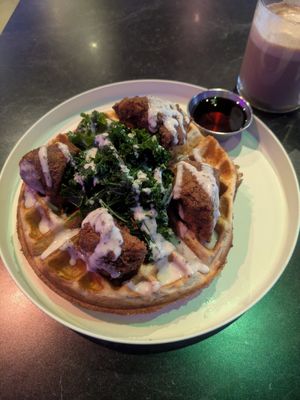 Golden Era Chick-un and waffles with mushroom coffee at Urban Vegan Kitchen in New York City