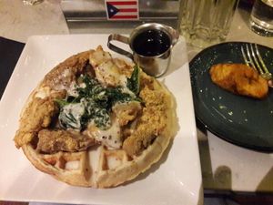 delicious chick'un waffles (and a plaintain that I took from my friend's dish) at Urban Vegan Kitchen in New York City
