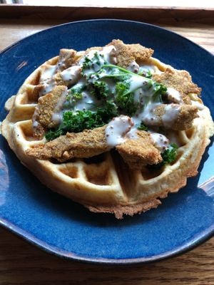 Chicken and waffles with kale at Urban Vegan Kitchen in New York City