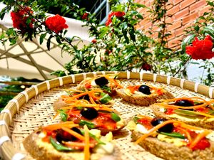 buckwheat bread slides with vegan pate and vegan eggy sauce at Loving Hut Diệp Lâm Vegan in Ho Chi Minh City