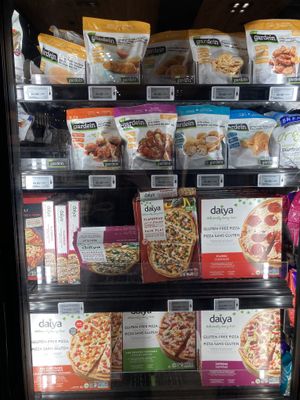 Frozen vegan options and pizzaa  at Avril in Montreal