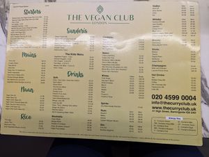 Vegan menu at The Vegan Club in Ilford