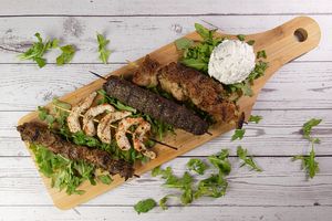 Selection of Vegan Skewers.
Frome Left to Right; Shiitake Lamb Skewer, Konjac Shrimp Skewer, Soy Koft a Skewer, Soy Chicken Skewer. at Veganarie - Resto Végan in Montreal