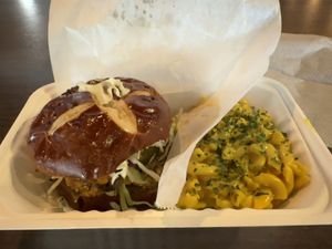 Crab cake and Mac and cheese   at Black Leaf Vegan Cafe in Indianapolis