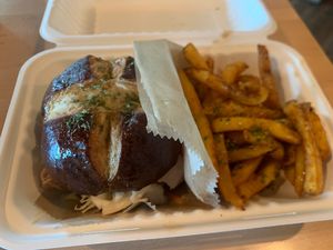 Pulled Jackfruit Sandwich with Friesd  at Black Leaf Vegan Cafe in Indianapolis