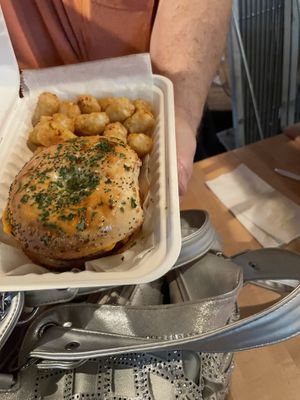 Breakfast burger with tots. We ordered other stuff but we ate it too fast!   at Black Leaf Vegan Cafe in Indianapolis
