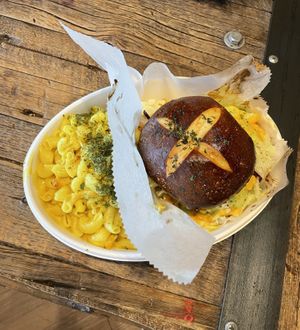 Guac burger with mac and cheese   at Black Leaf Vegan Cafe in Indianapolis