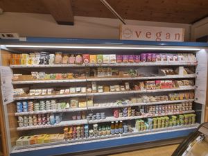 Vegan section in fridge at Naturalia in Merano
