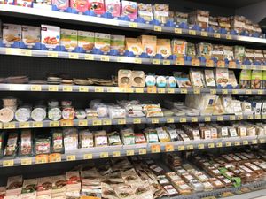 Variety of vegan cheeses etc at Naturalia in Bolzano