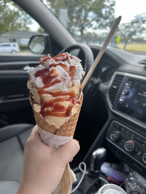 Mango + guava sauce + whipped cream.  The other 2 were gone before I could take a picture. 😋  at Vegan Scoops in Kissimmee