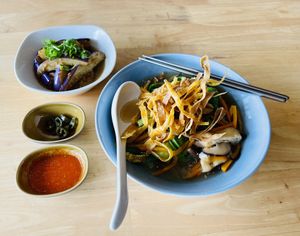 Crispy noodles and steamed aubergines  at Real Food 真食 - Orchard in Central Singapore