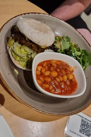Curried black bean burger, with salad and homemade baked beans at Real Food 真食 - Orchard in Central Singapore