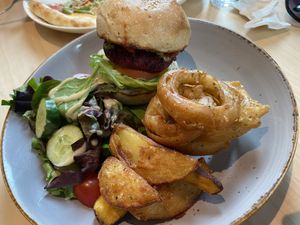 Beetroot and millet burger with onion rings, salad and extra side of wedges  #Veganuary at Real Food 真食 - Orchard in Central Singapore