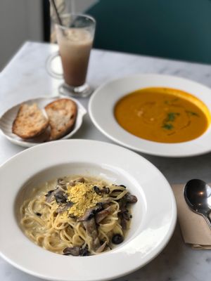 Cabonara and pumpkin soup, very tasty!  at Real Food 真食 - Orchard in Central Singapore