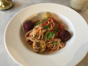VEGAN
Beetroot and chickpea veggie balls
spaghetti at Real Food 真食 - Orchard in Central Singapore