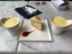Lemon cake with turmeric soy lattes at Real Food 真食 - Orchard in Central Singapore