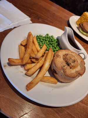 Mushroom and ale pie with gravy, peas and chips at Hungry Horse - Matchstick Man in Salford
