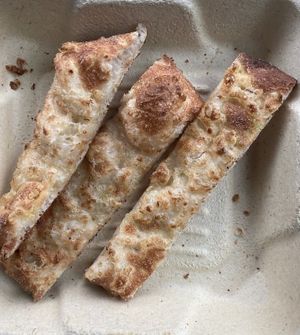 what was left of the vegan cheesy bread with marinara dipping sauce! #Veganuary at Leonardo's Pizza in Portland