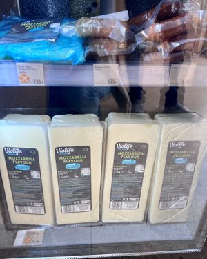 Blocks of vegan mozzarella (2.5 kg each) at COCO VEGANS | Antes VEGANS & BIO in Barcelona