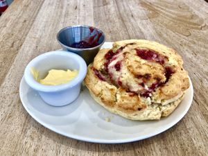 White chocolate and raspberry scone  at This Must Be The Place in Holywood