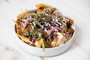 Nachos Divorciados- Jackfruit Birria and Asada  at Dear Mama in Los Angeles