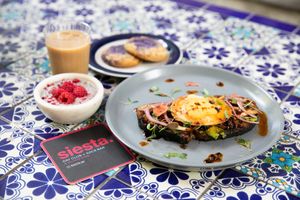 Avo Toast, Chia pudding, Vanilla iced Coffee, lavender cookies at Dear Mama in Los Angeles