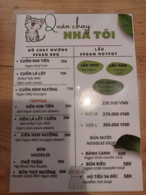 Menu at Nha Toi in Ho Chi Minh City