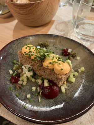 “Smoked salmon” - strange that it was sauce on top of bread  at Verdō in Brussels