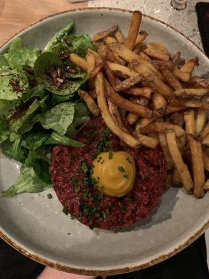 Beet tartar with fries. Very delicious, interesting seasoning on the beetroots.  at Verdō in Brussels