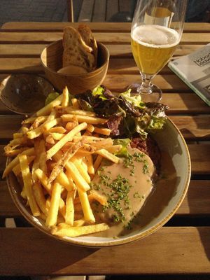 'Steak' and chips, although the steak was more like grilled paté at Verdō in Brussels