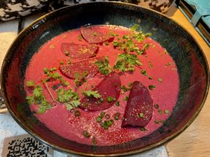 Beetroot ravioli stuffed with plant-based cheese and fresh herbs 15€ (May 2026 menu)  at Verdō in Brussels