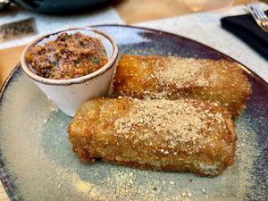 Artichoke and almond croquettes, sun-dried tomato and olive sauce 16€ (May 2026 menu)  at Verdō in Brussels