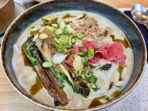 Tantanmen ramen – creamy broth, minced soya, pak choi and pickled radishes 25€ (May 2026 menu)  at Verdō in Brussels
