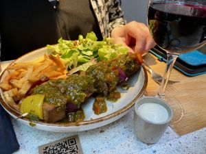 Marinated skewer of kefta balls, tofu and shiitakes, salsa verde, home fries and salad 26€ (May 2026 menu)  at Verdō in Brussels