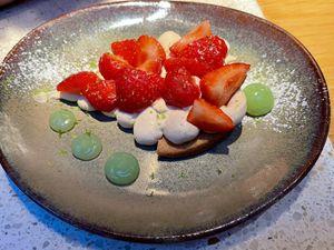 Breton shortbread with lime, croissant-infused cream and diced fresh strawberries 12€ (May 2026 menu)  at Verdō in Brussels