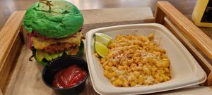 Tokyo Mushito burger with street corn at ChagaRoot in Las Vegas