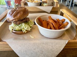 Lions mane chicken sandwich with sweet potato fries   at ChagaRoot in Las Vegas