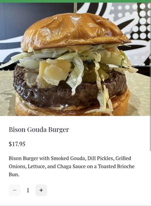 Online order listing: bison burger with smoked Gouda, dill pickles, grilled onions, lettuce, and chaga sauce on a toasted brioche bun.
Unsure if sauce and bun are also nonvegan. at ChagaRoot in Las Vegas