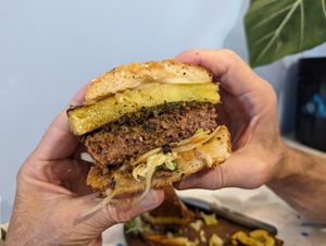 Half of burger at Vegano O No in Panama City