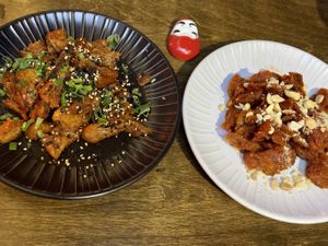 Half portions each: Orange chicken + Korean chicken   at Vegan Ramen Mei - Condesa in Mexico City