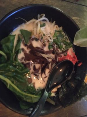 Tonkotsu ramen with chard  at Vegan Ramen Mei - Condesa in Mexico City