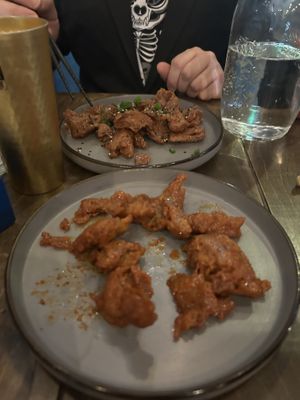 Korean chicken in the front, orange chicken in the back   at Vegan Ramen Mei - Condesa in Mexico City