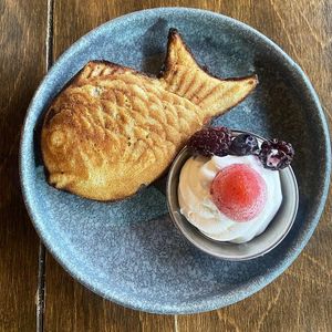 Taiyaki filled with homemade tofu cream made with tofu, coconut oil, cocoa, and agave at Vegan Ramen Mei - Condesa in Mexico City