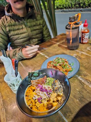 Red tonkatsu and orange chicken (half portion) at Vegan Ramen Mei - Condesa in Mexico City