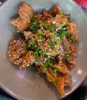 orange “chicken"  at Vegan Ramen Mei - Condesa in Mexico City