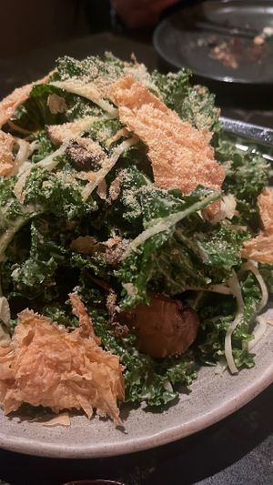 Queen Cesar salad. Has delicious "Bacon” mushrooms, and the best smokiest Caesar dressing I’ve ever had 10/5 my favorite.  #Veganuary at Planta Queen in Chicago