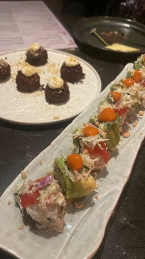 Cauliflower tots w truffle 4/5 & the rainbow roll 5/5 amazing - I love coleslaw and it has LOTS of it.  #Veganuary at Planta Queen in Chicago