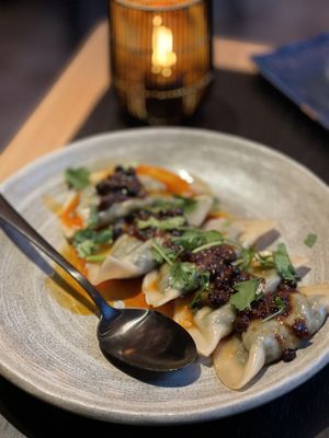 Spinach, shiitake dumplings  at Planta Queen in Chicago