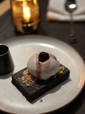 Chocolate brownie with ice cream, vegan  at Planta Queen in Chicago